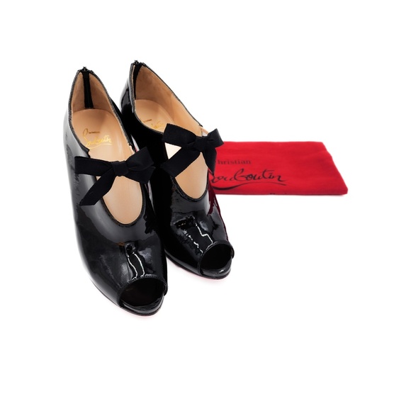 Christian Louboutin Black Patent Leather Bow Open Toe Booties Heels EU 37.5 - Picture 8 of 8